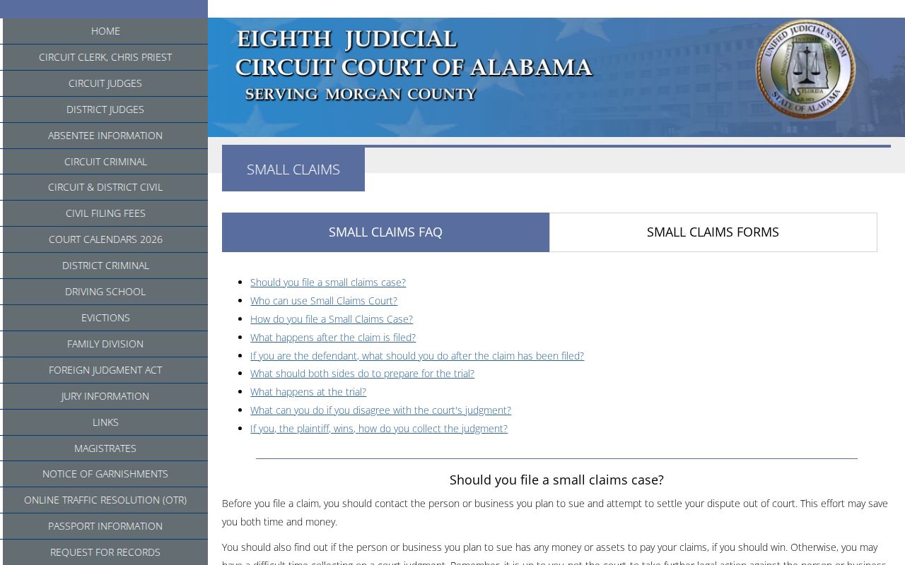 Morgan County Circuit Court and District Court small claims information